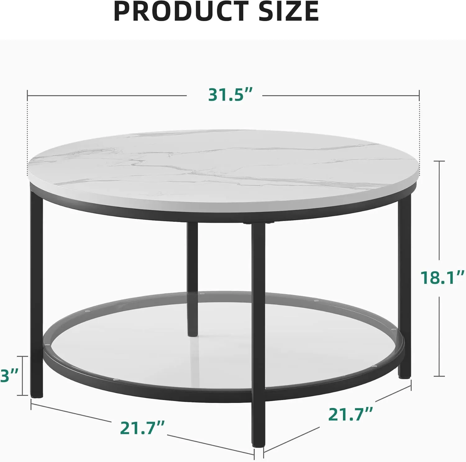 YITAHOME White Marble Round Coffee Table with Glass for Living Room, 2-Tier Circle Coffee Table with Storage Clear Coffee Table, Simple Modern Center Cocktail Table White & Black