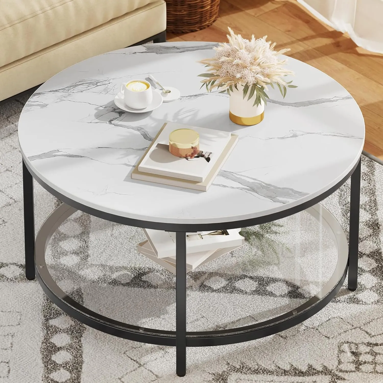YITAHOME White Marble Round Coffee Table with Glass for Living Room, 2-Tier Circle Coffee Table with Storage Clear Coffee Table, Simple Modern Center Cocktail Table White & Black