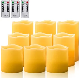 YIWER Wax Flameless Candles, Battery Operated Candle with 10-Key Remote and Time Flickering Light Ivory Pillar Fake Decor for (D3.15 x H 4"/5"/6",9-Pack)