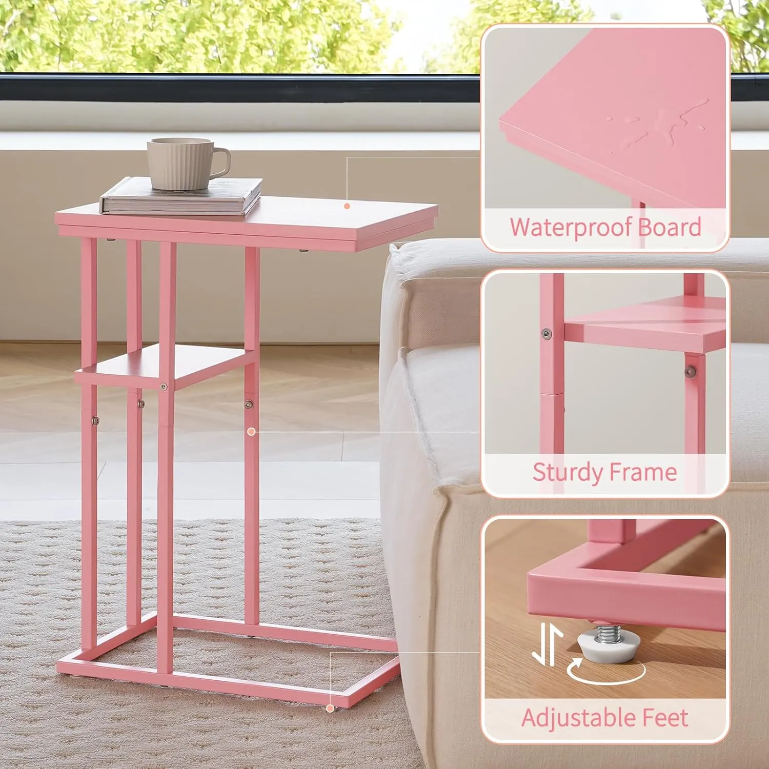 Yoobure C Shaped End Table, Side Table for Couch and Bed, Small Side Table for Small Spaces, Living Room, Bedroom, Rustic Snack Table