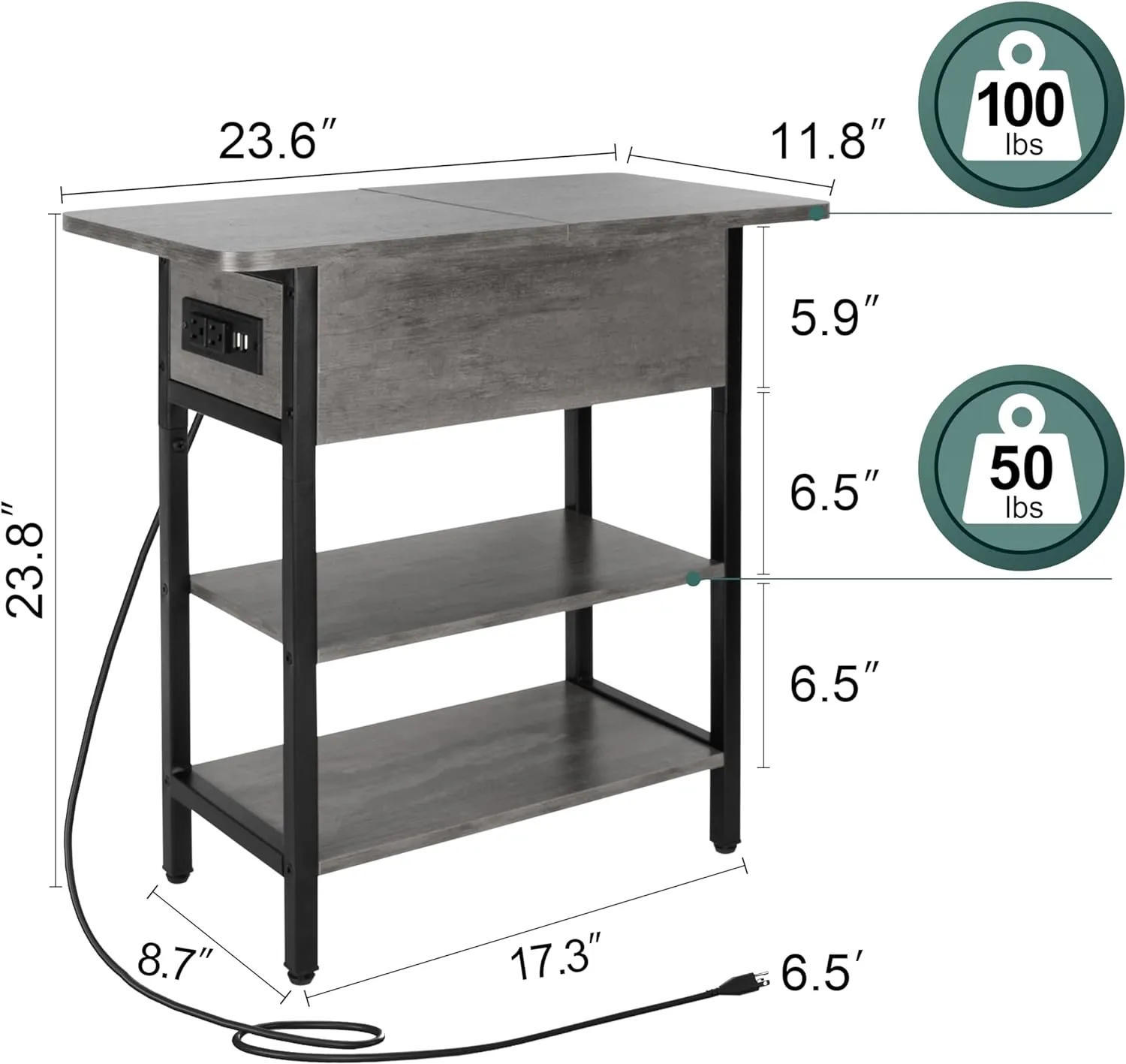 Yoobure End Table with Charging Station, Flip Top Side Table with USB Ports and Outlets, Sofa Couch Table Bedside Table for Living Room Bedroom, Narrow Nightstand with Storage Shelves for Small Space