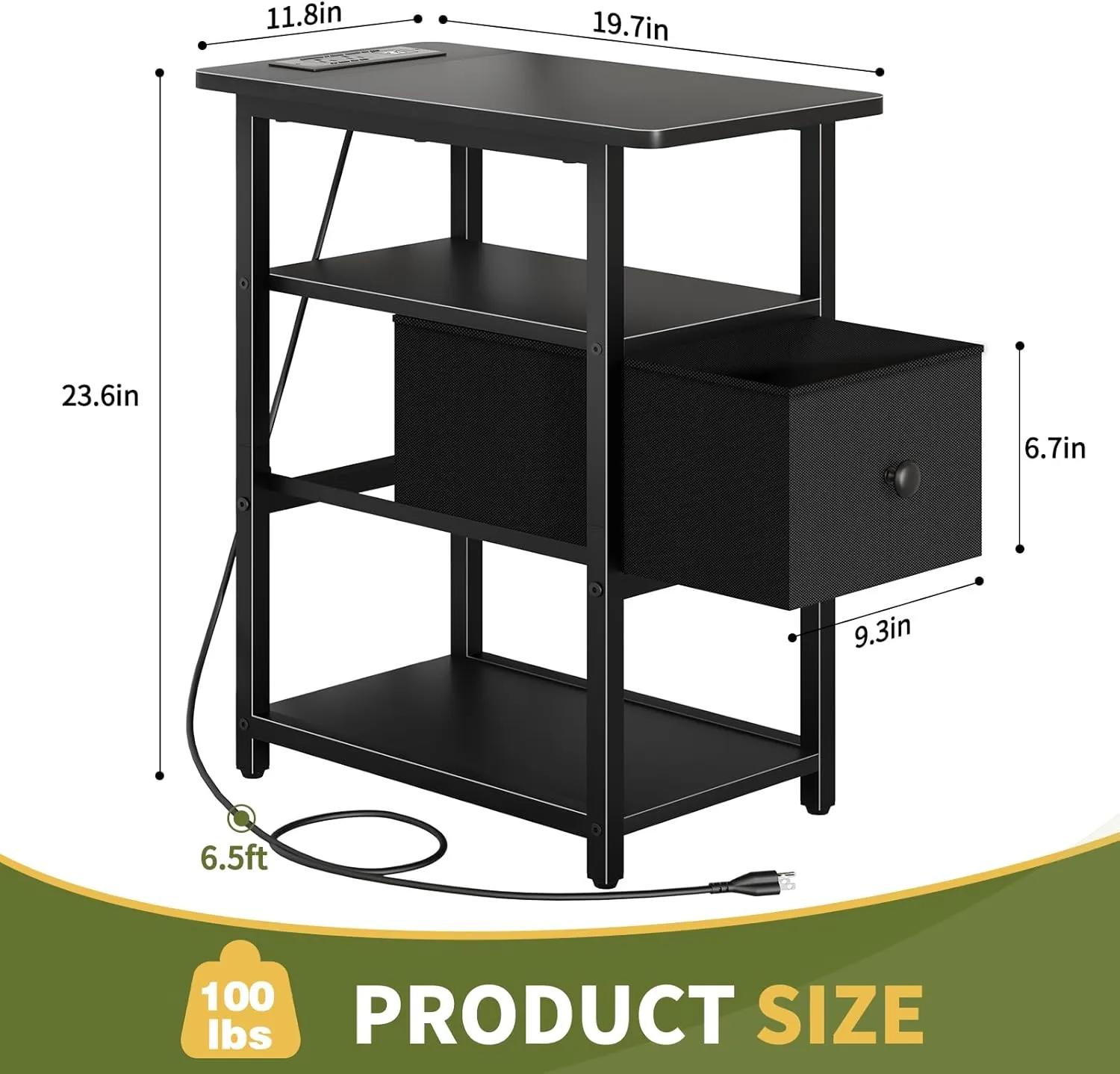 Yoobure End Table with Charging Station, Narrow Side Table with Adjustable Fabric Drawer, 3-Tier End Tables Living Room, Small Nightstand with Outlets, LED Skinny Night Stand for Bedroom Small Spaces