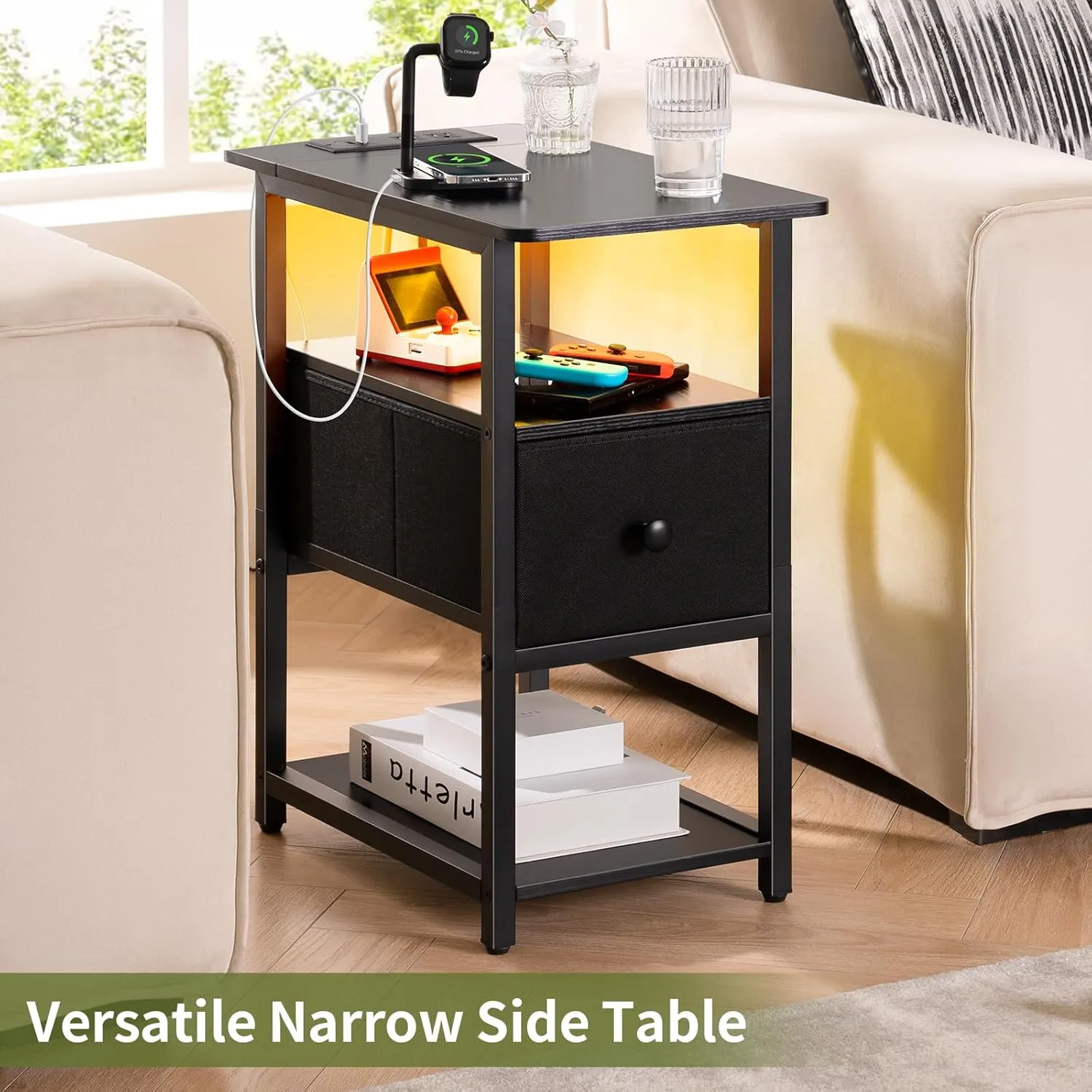 Yoobure End Table with Charging Station, Narrow Side Table with Adjustable Fabric Drawer, 3-Tier End Tables Living Room, Small Nightstand with Outlets, LED Skinny Night Stand for Bedroom Small Spaces