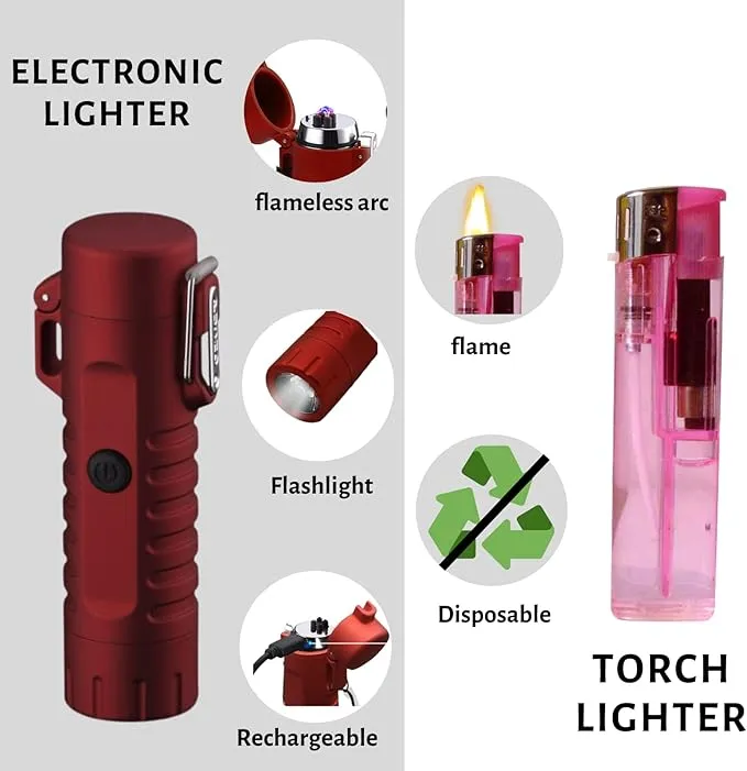 YOZWOO Electric Lighter for Camping, Windproof Dual Arc Lighter with LED Flashlight, USB Rechargeable Lighter for Outdoor Hiking, Waterproof Plasma Lighter for Survival Kits (Red)