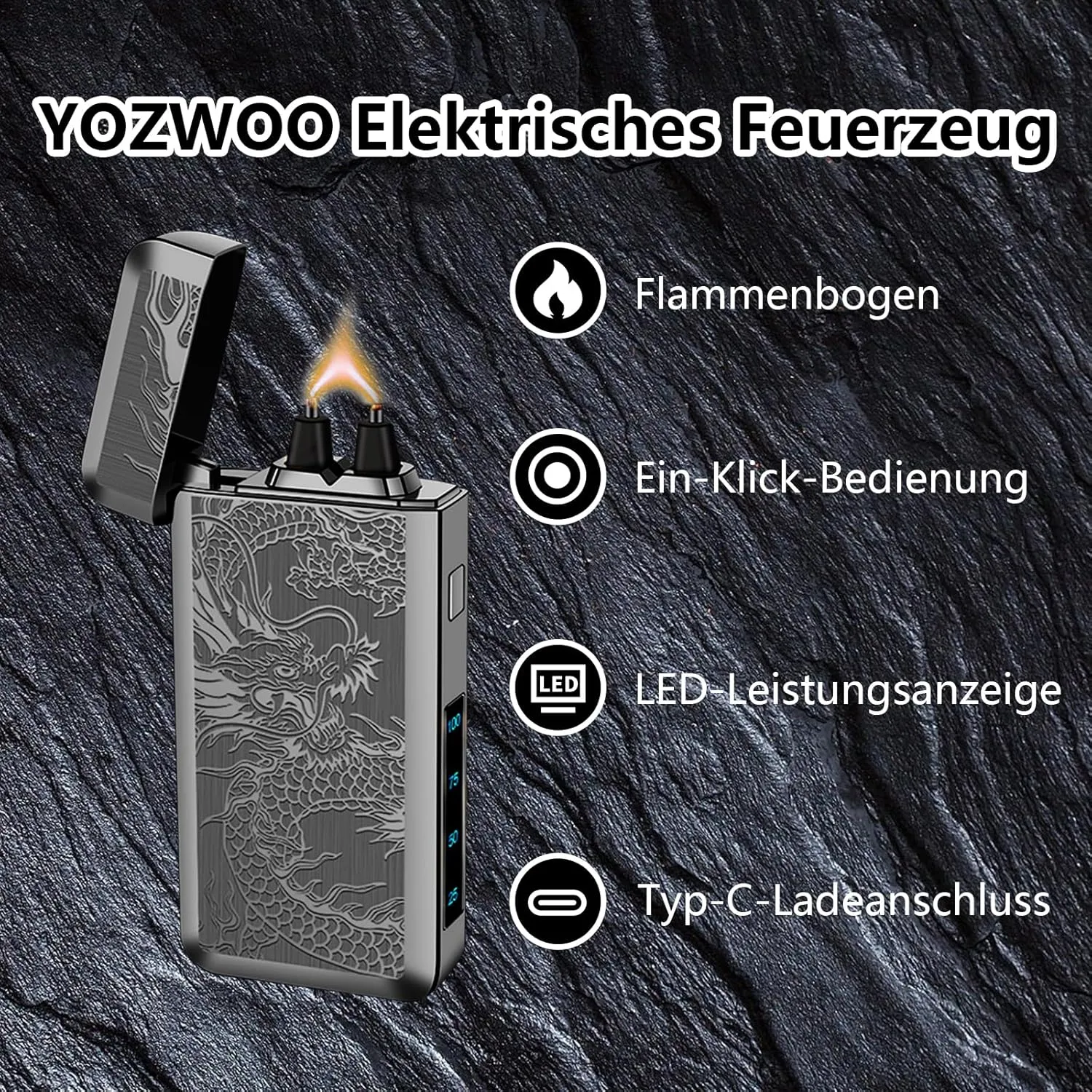 YOZWOO Electric Lighter Rechargeable Type-C Lighter Plasma Arc Lighters Large Flame Windproof Lighters Electronic Loghter with Smart Long Life Chip for Outdoor Camping, Hiking, BBQ (Black Dragon)