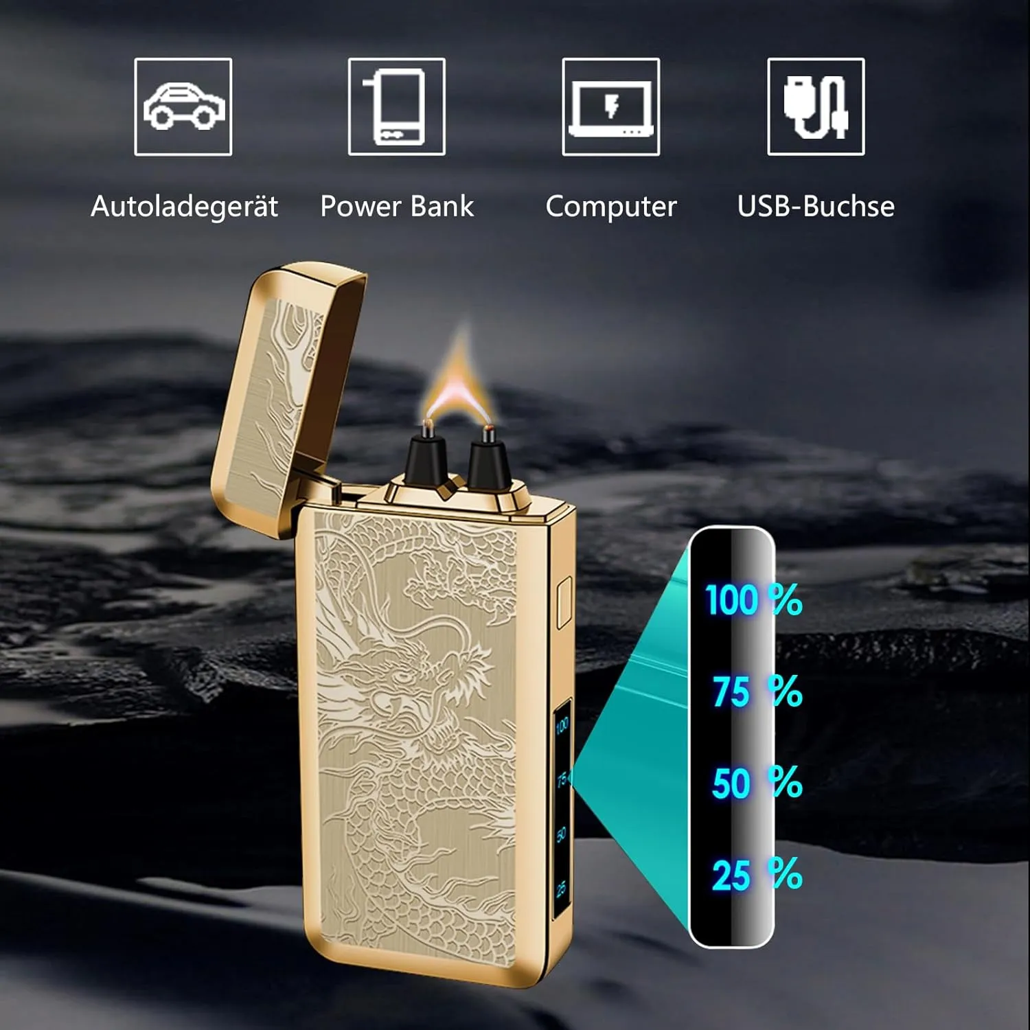 YOZWOO Electric Rechargeable Lighter Plasma Arc Lighter Type-C Electronic Lighter Big Power Flame Windproof Lighter Camping Lighter with LED Battery Indicator for Candles, Incense（Golden Dragon）