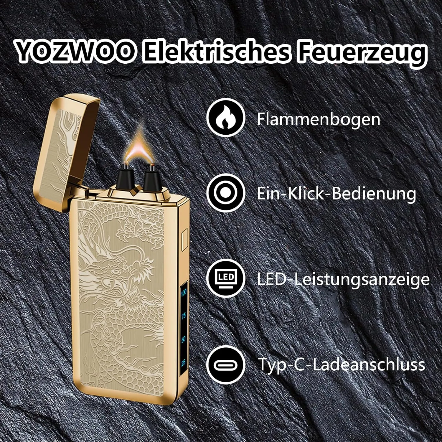 YOZWOO Electric Rechargeable Lighter Plasma Arc Lighter Type-C Electronic Lighter Big Power Flame Windproof Lighter Camping Lighter with LED Battery Indicator for Candles, Incense（Golden Dragon）
