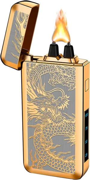 YOZWOO Electric Rechargeable Lighter Plasma Arc Lighter Type-C Electronic Lighter Big Power Flame Windproof Lighter Camping Lighter with LED Battery Indicator for Candles, Incense（Golden Dragon）