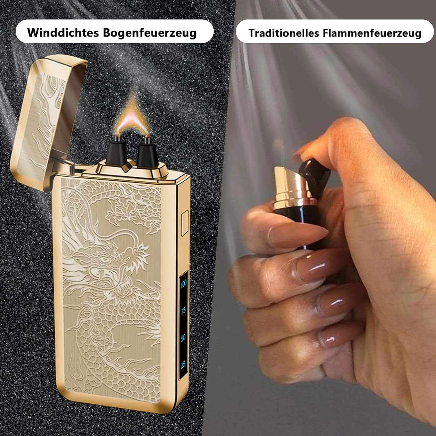YOZWOO Electric Rechargeable Lighter Plasma Arc Lighter Type-C Electronic Lighter Big Power Flame Windproof Lighter Camping Lighter with LED Battery Indicator for Candles, Incense（Golden Dragon）