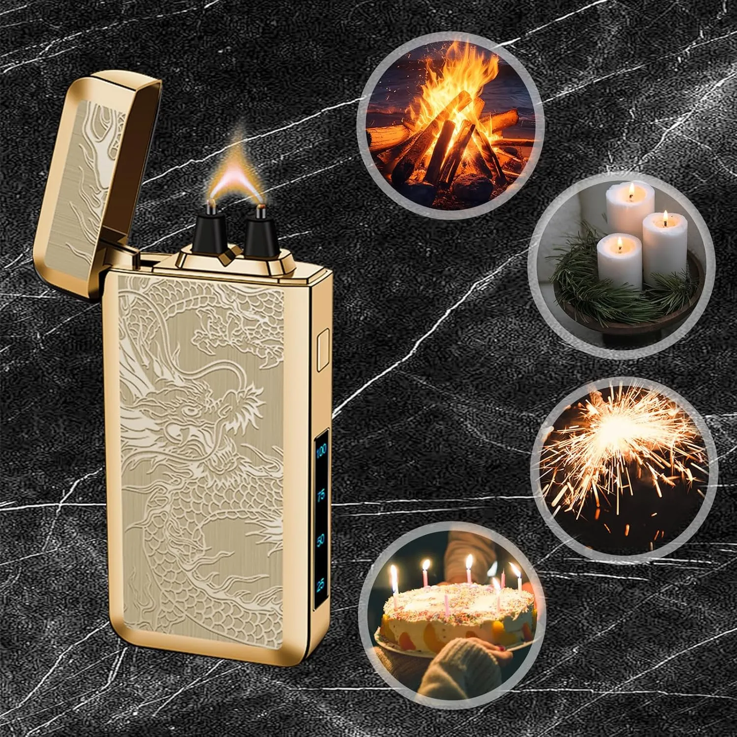YOZWOO Electric Rechargeable Lighter Plasma Arc Lighter Type-C Electronic Lighter Big Power Flame Windproof Lighter Camping Lighter with LED Battery Indicator for Candles, Incense（Golden Dragon）