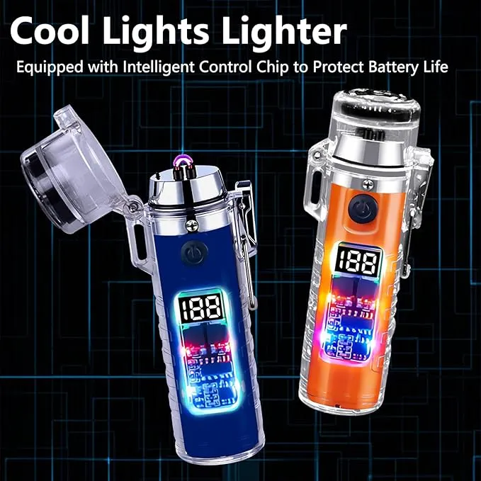 YOZWOO Plasma Electric Lighter USB Rechargeable Lighter Double Arc Windproof Flameless Lighter Type-C Transparent Waterproof Outdoor Lighter with LED Power Display for Camping, Adventure(Blue)