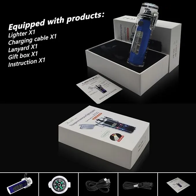 YOZWOO Plasma Electric Lighter USB Rechargeable Lighter Double Arc Windproof Flameless Lighter Type-C Transparent Waterproof Outdoor Lighter with LED Power Display for Camping, Adventure(Blue)