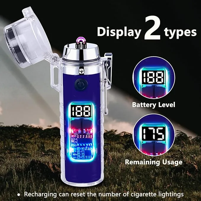 YOZWOO Plasma Electric Lighter USB Rechargeable Lighter Double Arc Windproof Flameless Lighter Type-C Transparent Waterproof Outdoor Lighter with LED Power Display for Camping, Adventure(Blue)