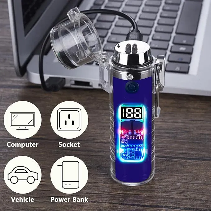 YOZWOO Plasma Electric Lighter USB Rechargeable Lighter Double Arc Windproof Flameless Lighter Type-C Transparent Waterproof Outdoor Lighter with LED Power Display for Camping, Adventure(Blue)