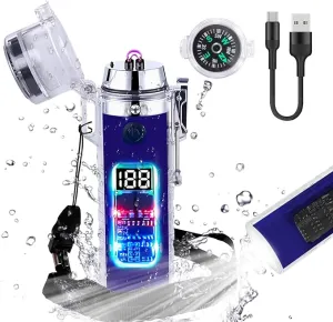 YOZWOO Plasma Electric Lighter USB Rechargeable Lighter Double Arc Windproof Flameless Lighter Type-C Transparent Waterproof Outdoor Lighter with LED Power Display for Camping, Adventure(Blue)