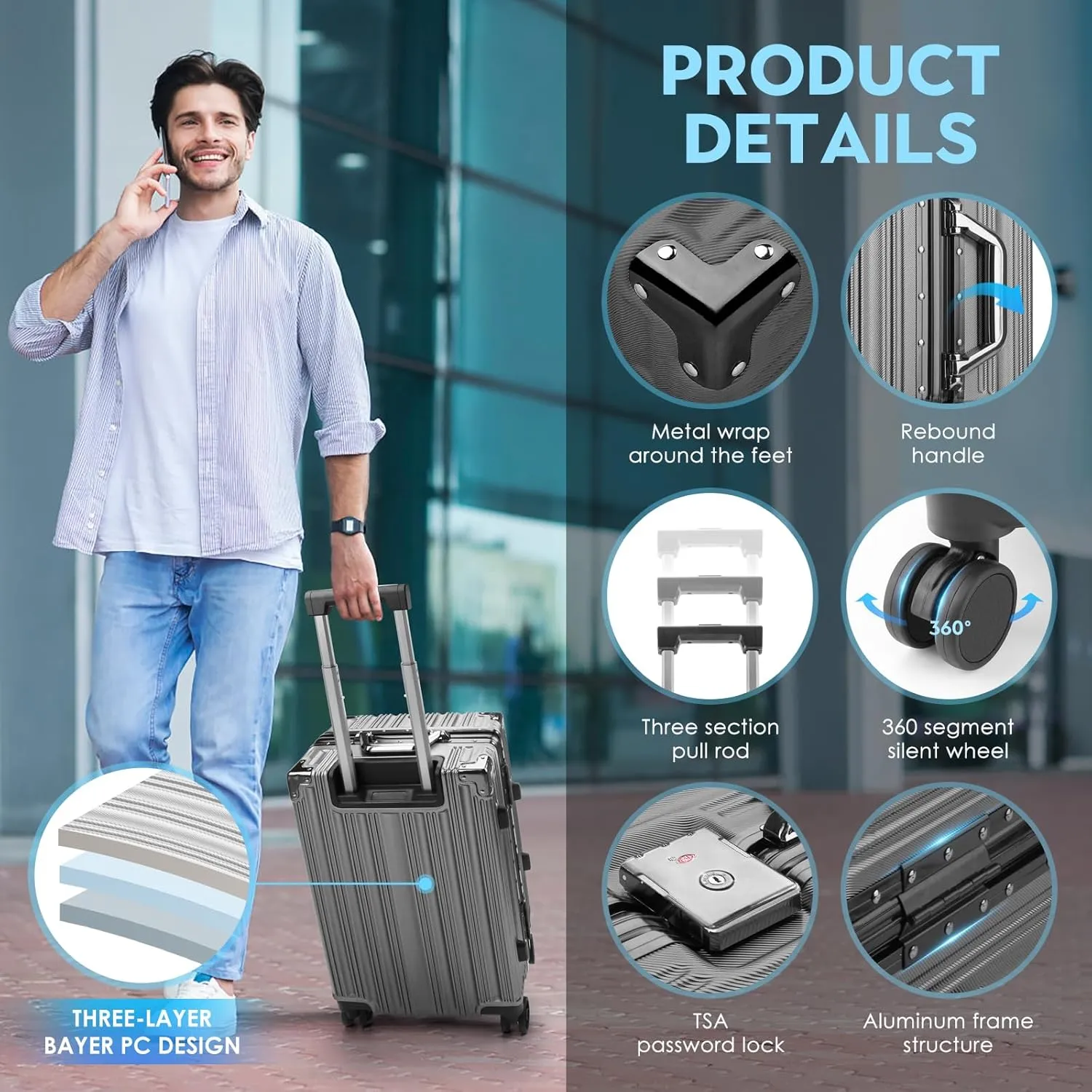 Zipperless Luggage | 20 Inch Airline Approved | PC   Aluminum Frame | TSA Lock, Scratch-Proof Hardshell & Silent Wheels | Lightweight Carry-On for Business Travel (Gray)