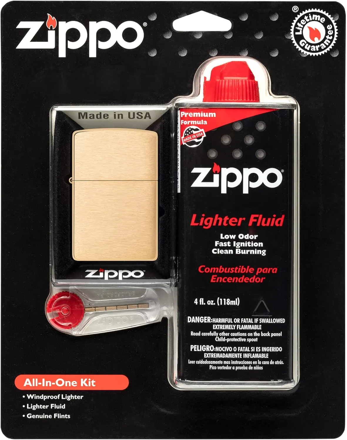 Zippo All-in-One Kit with Brushed Brass Windproof Lighter