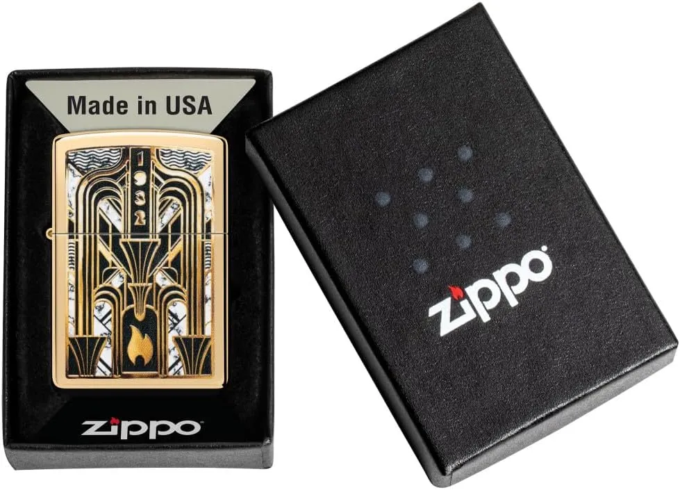Zippo Art Deco Flame Design High Polish Brass Pocket Lighter