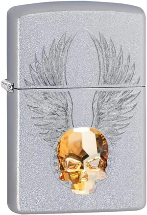 Zippo Gold Skull Design Pocket Lighter, Satin Chrome Gold Emblem, One Size