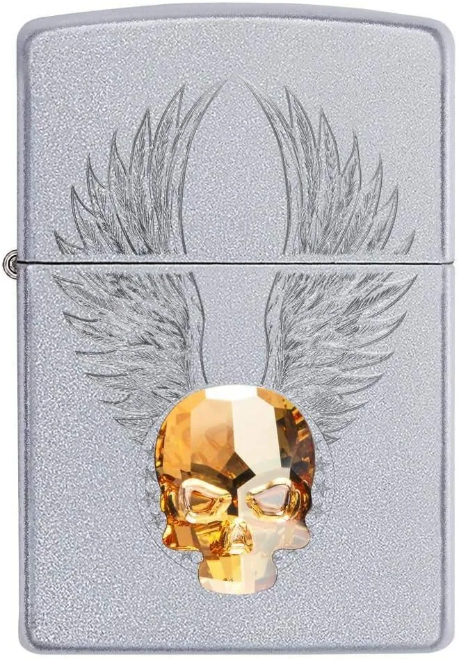 Zippo Gold Skull Design Pocket Lighter, Satin Chrome Gold Emblem, One Size