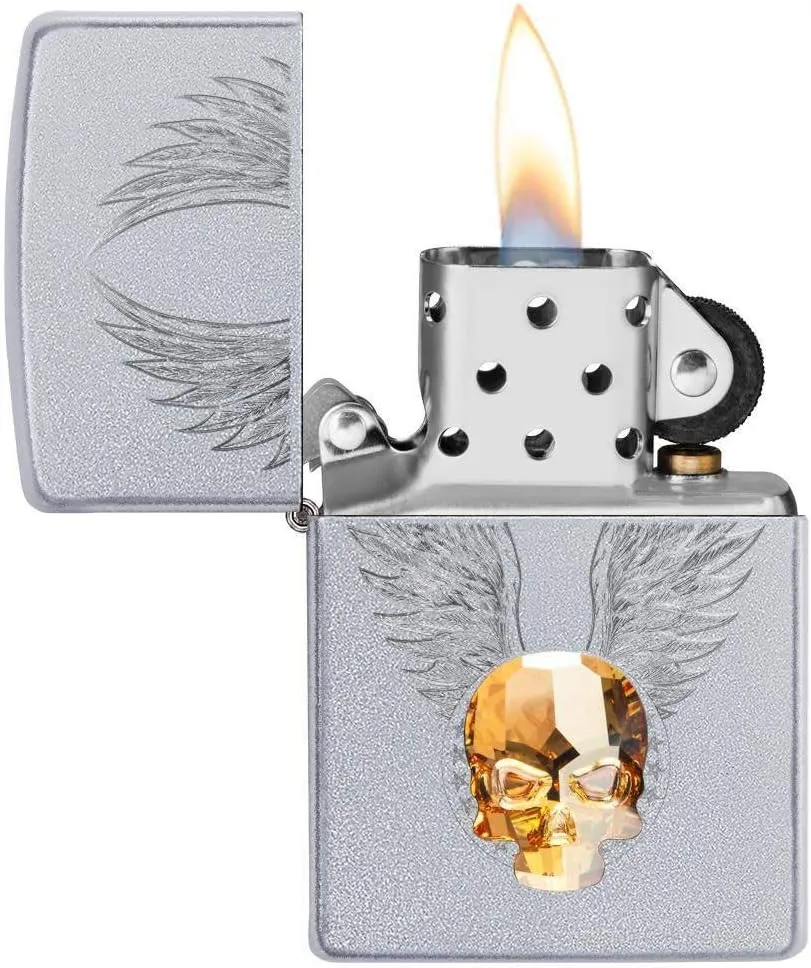 Zippo Gold Skull Design Pocket Lighter, Satin Chrome Gold Emblem, One Size