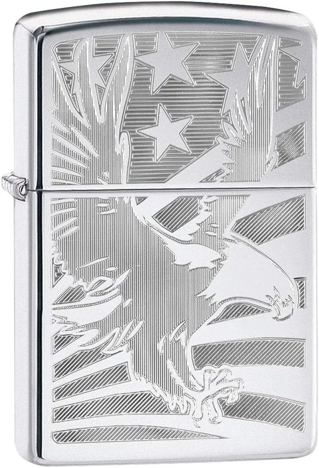 Zippo Lighter: Eagle and American Flag, Engraved - High Polish Chrome 80745