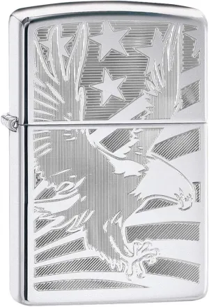 Zippo Lighter: Eagle and American Flag, Engraved - High Polish Chrome 80745