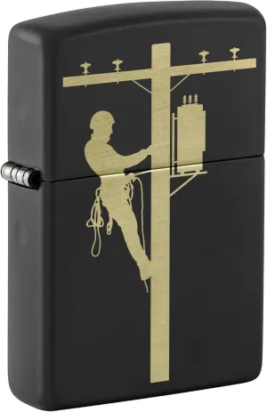 Zippo Lighter: Engraved Lineman - Black Matte 81564