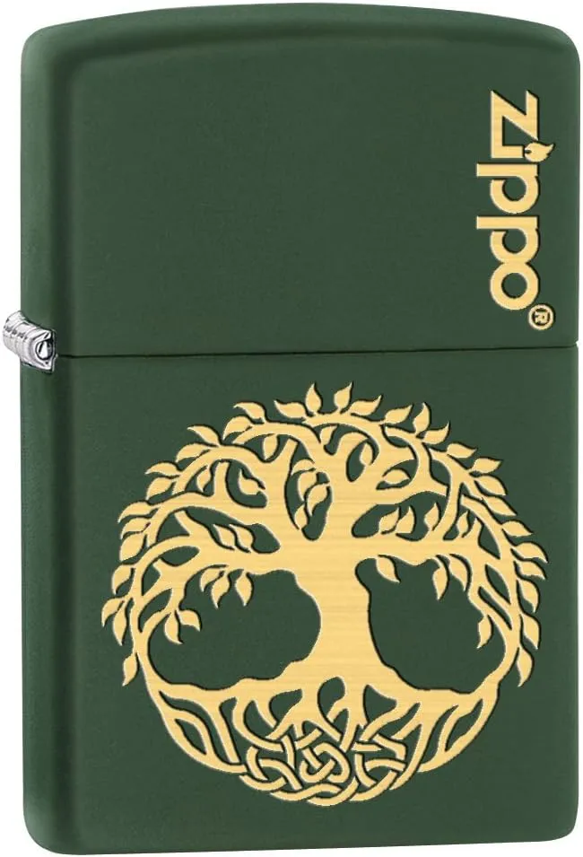 Zippo Lighter: Engraved Tree of Life - Green Matte 79509