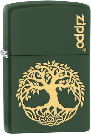 Zippo Lighter: Engraved Tree of Life - Green Matte 79509