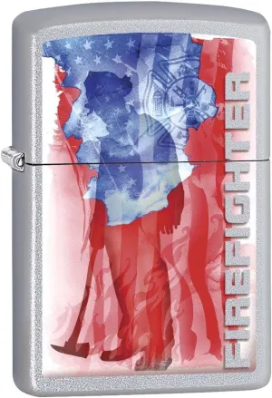 Zippo Lighter- Firefighter Flag Shield Satin Chrome Windproof Lighter #Z5157