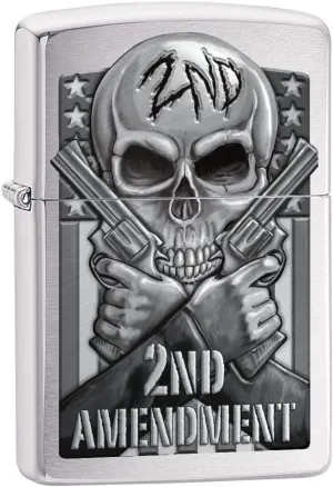 Zippo Lighter: Second Amendment, Skull and Guns - Brushed Chrome 78702