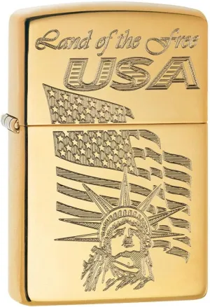 Zippo Lighter: USA Land of The Free, Engraved - High Polish Brass 80681