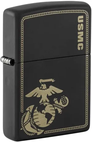 Zippo Lighter: USMC Marines Logo with Border, Engraved - Black Matte 81258