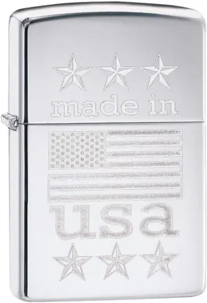 Zippo Made in USA with Flag Pocket Lighter, High Polish Chrome, One Size