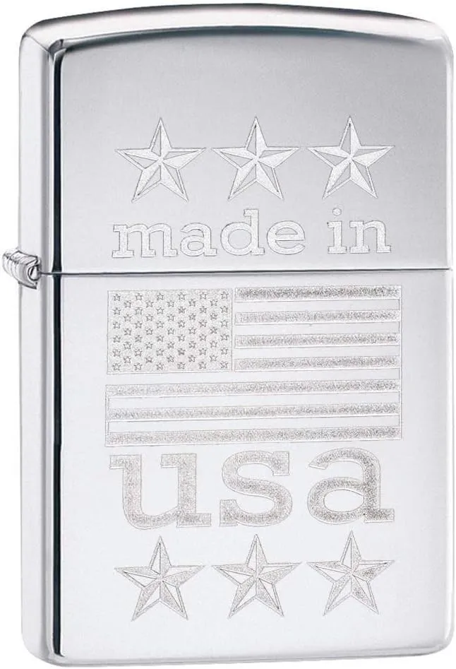 Zippo Made in USA with Flag Pocket Lighter, High Polish Chrome, One Size