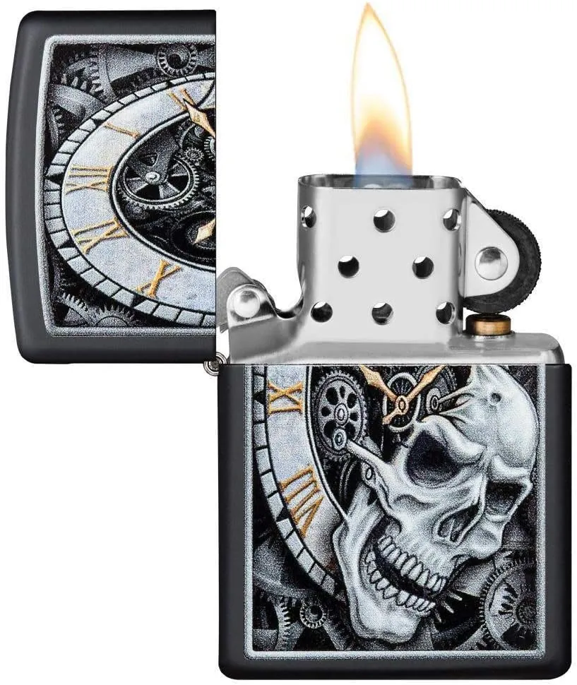 Zippo Skull Clock Design Black Matte Pocket Lighter