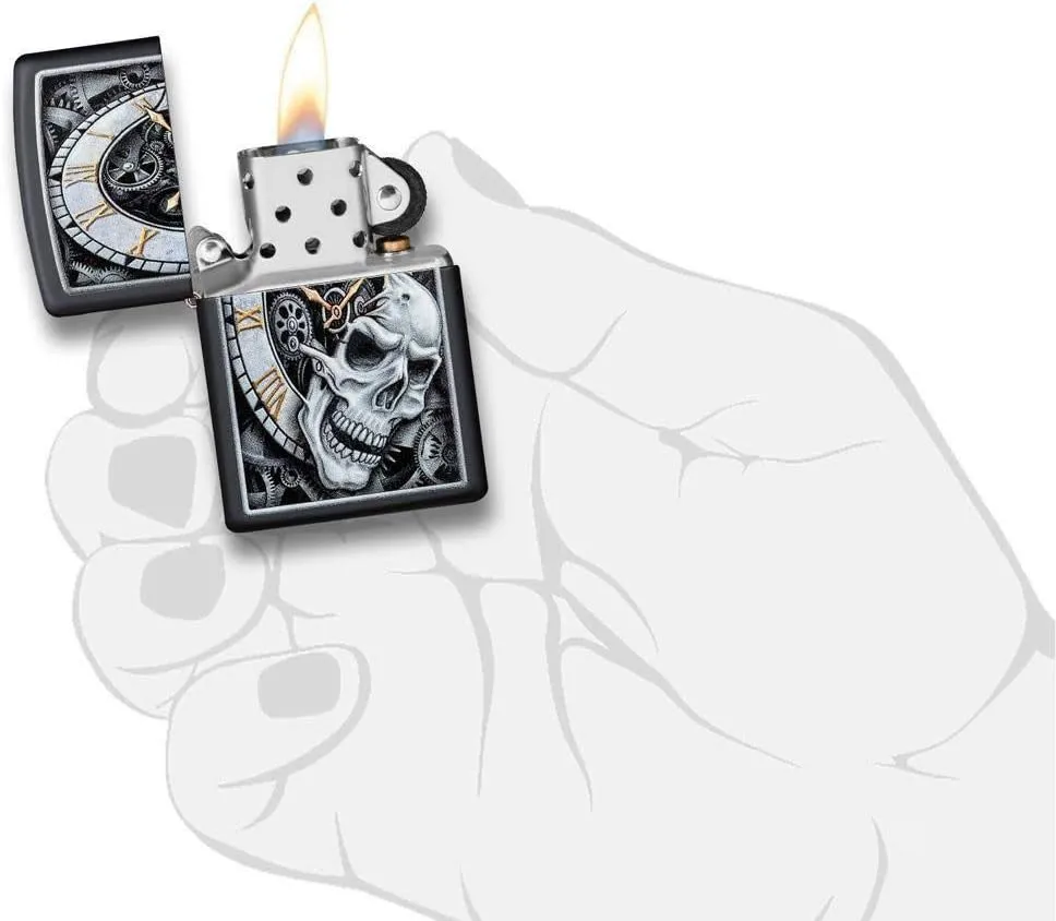 Zippo Skull Clock Design Black Matte Pocket Lighter