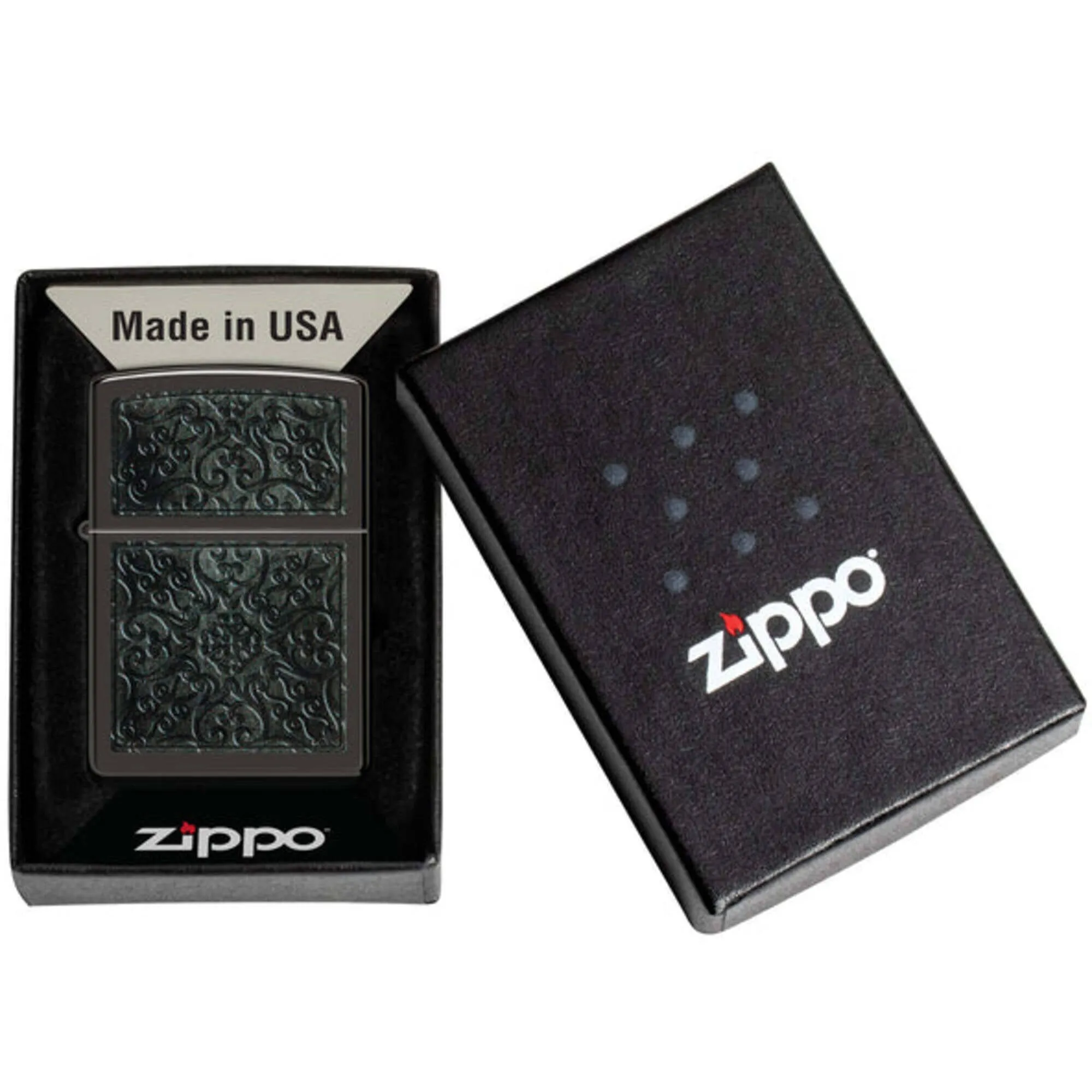Zippo Windproof Lighter Intricate Scrollwork Design High Polish Black 48961