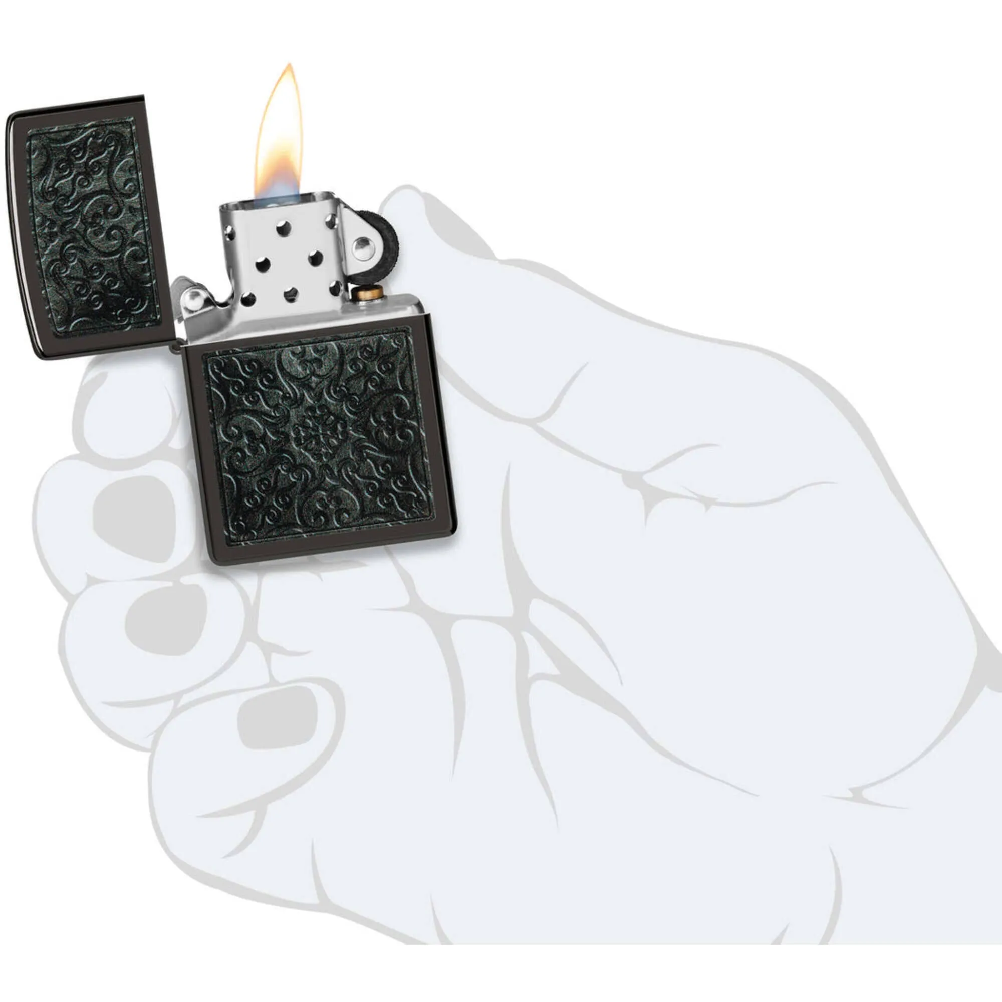 Zippo Windproof Lighter Intricate Scrollwork Design High Polish Black 48961