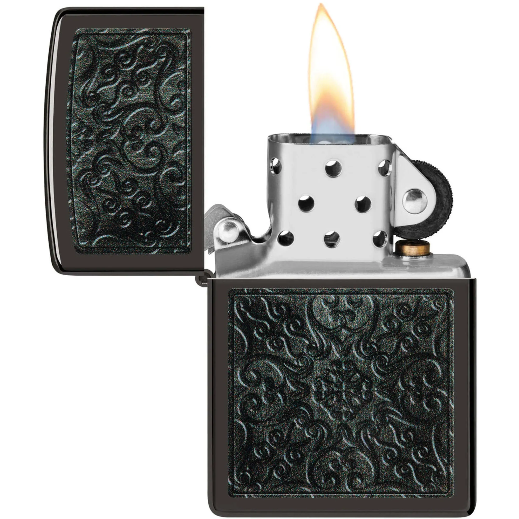 Zippo Windproof Lighter Intricate Scrollwork Design High Polish Black 48961
