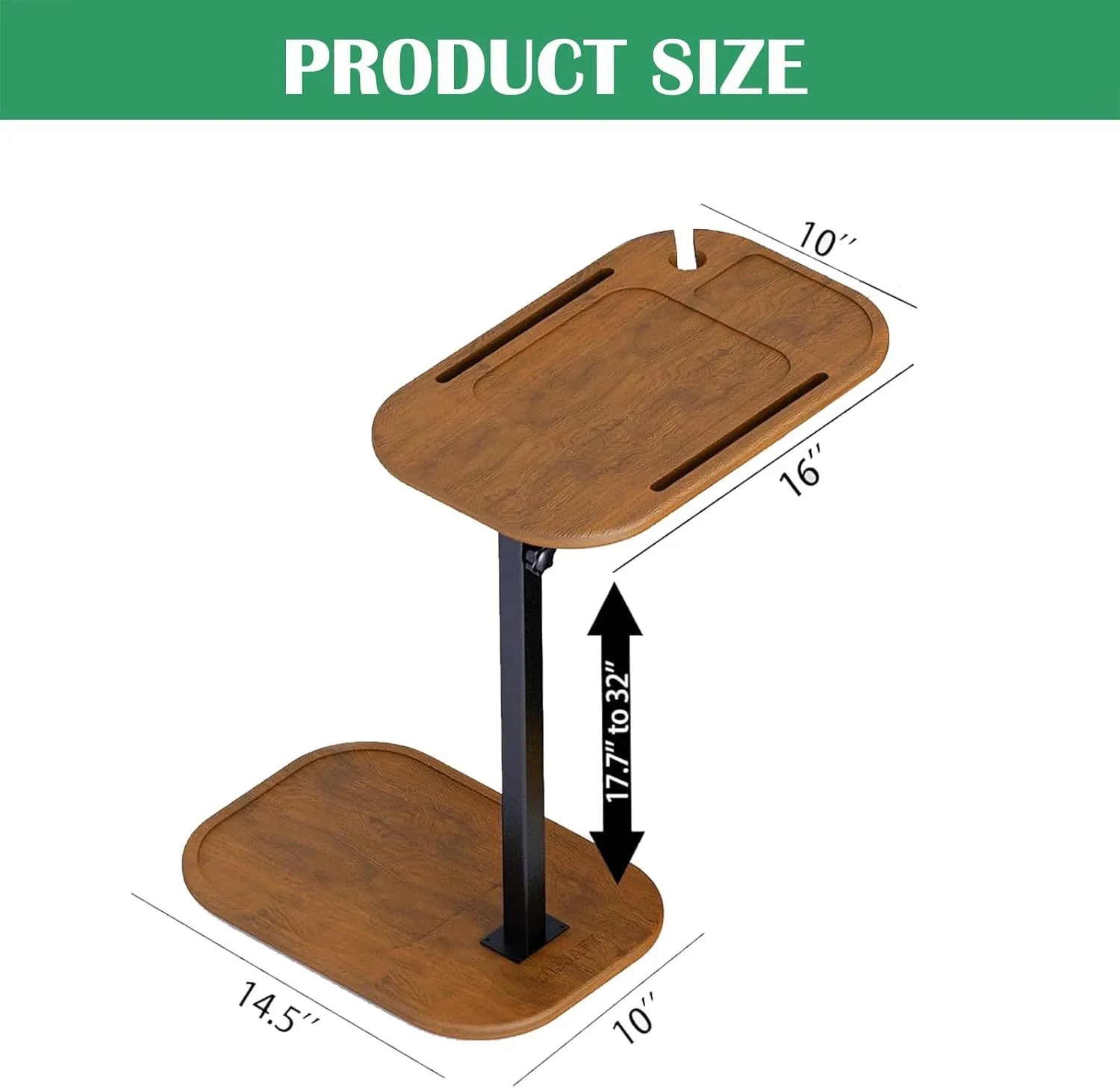 ZUJJAFY Wood C Shaped End Table for Couch Arm, Small Sofa Side Table with Adjustable Height for Small Spaces, Swivel TV Tray Table with Phone & Tablet Slots