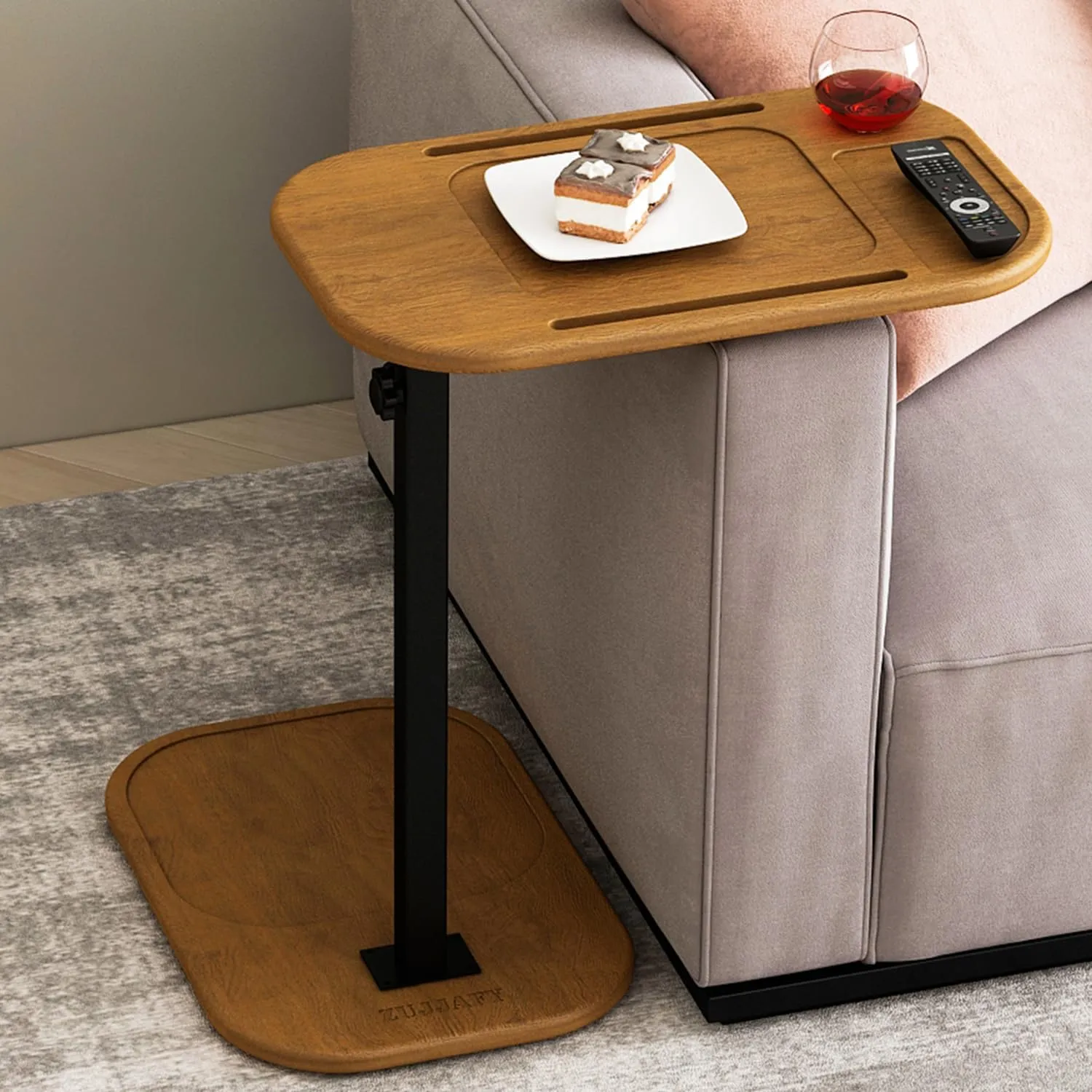 ZUJJAFY Wood C Shaped End Table for Couch Arm, Small Sofa Side Table with Adjustable Height for Small Spaces, Swivel TV Tray Table with Phone & Tablet Slots