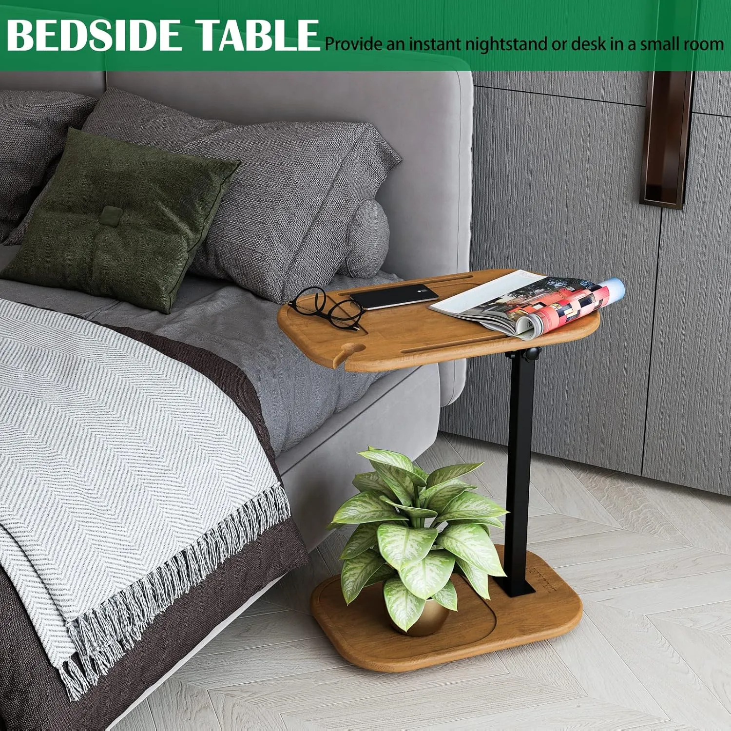 ZUJJAFY Wood C Shaped End Table for Couch Arm, Small Sofa Side Table with Adjustable Height for Small Spaces, Swivel TV Tray Table with Phone & Tablet Slots