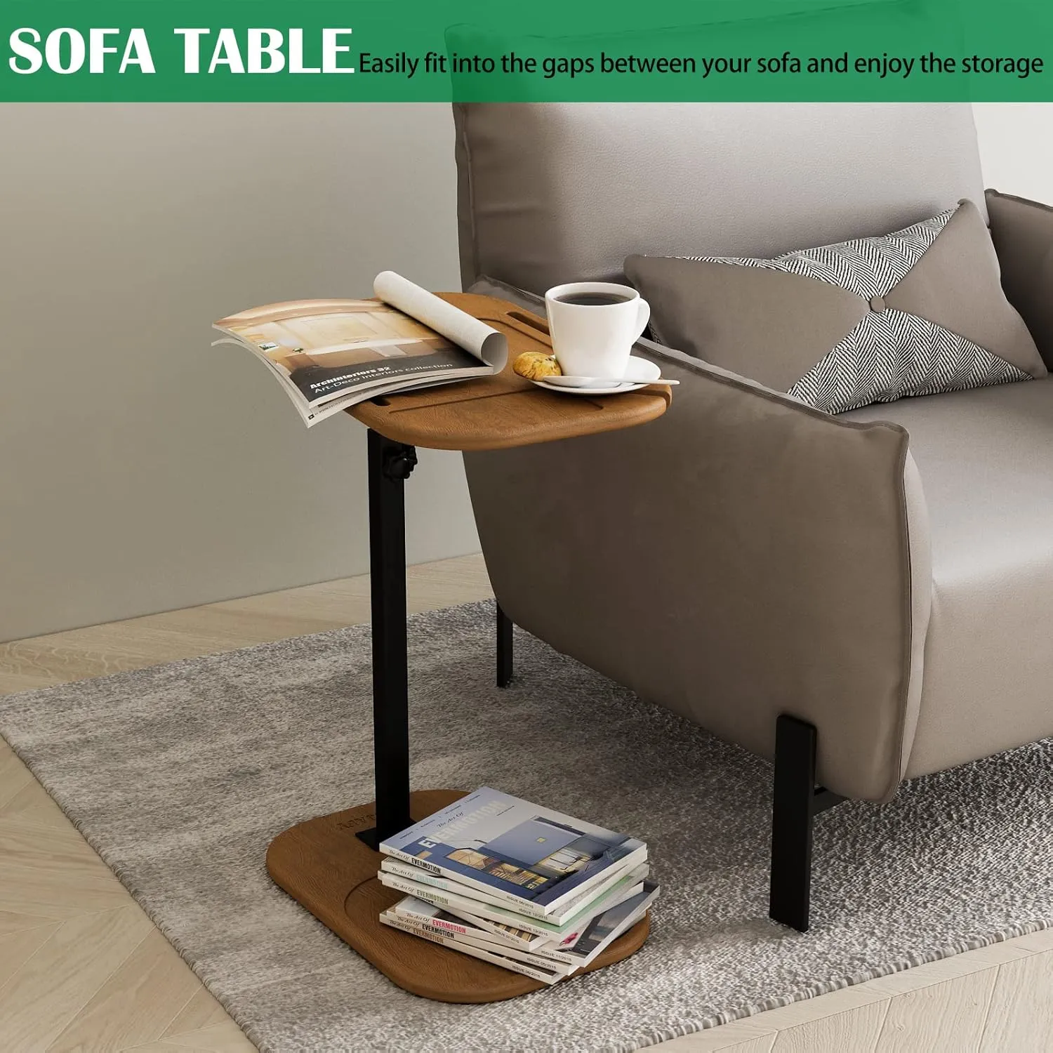 ZUJJAFY Wood C Shaped End Table for Couch Arm, Small Sofa Side Table with Adjustable Height for Small Spaces, Swivel TV Tray Table with Phone & Tablet Slots