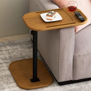 ZUJJAFY Wood C Shaped End Table for Couch Arm, Small Sofa Side Table with Adjustable Height for Small Spaces, Swivel TV Tray Table with Phone & Tablet Slots